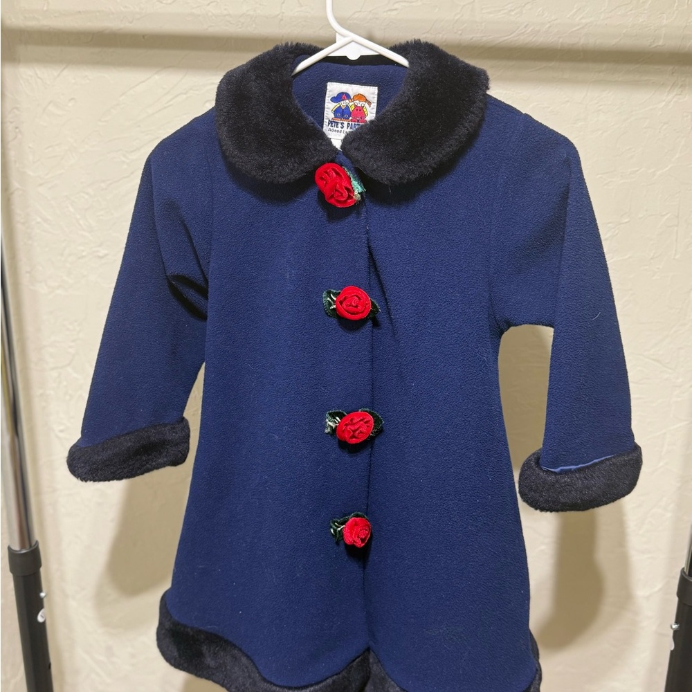 Pete’s Partner Blue Fleece Dress Coat w/Rose Accents, Faux Fur Trim  Girls 5